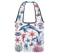 Borsa tote in tela con motivo acquerello con delfini, meduse e stelle marine, borsa media per libri, riutilizzabile, per donne, insegnanti, infermiere, Multicolore 01, 14.1x14.9in/36x38cm