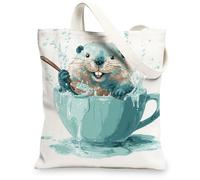 Borsa tote in tela con motivo di lontra, design con animali fantasiosi, leggera, lavabile, riutilizzabile, per spiaggia, palestra, viaggi, bianco, 13x15 Inch