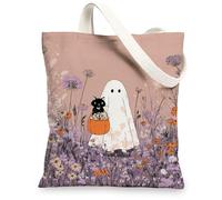 Borsa tote in tela con motivo fantasma gatto, graziosa borsa per la spesa riutilizzabile con motivo artistico di Halloween, fantasia floreale, leggera, lavabile, borsa in tela per viaggi, spiaggia