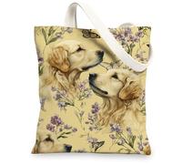 Borsa tote in tela con motivo floreale con cane, riutilizzabile, vintage, leggera, lavabile, con tracolla, per palestra, viaggi, spiaggia, picnic, 33 x 38 cm