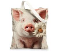 Borsa tote in tela con motivo floreale, con simpatico maiale, riutilizzabile, leggera, lavabile, con tracolla, per palestra, viaggi, spiaggia, picnic, 33 x 38 cm