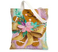 Borsa tote in tela con motivo floreale di pan di zenzero, riutilizzabile, vintage, decorativa, leggera, lavabile, per viaggi, picnic, 33 x 38 cm