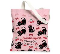 Borsa tote in tela con motivo gatto per donna, graziosa e giocosa con fiocco e ciliegie, colore pesca estivo, lavabile e riutilizzabile, ideale per shopping, ufficio, biblioteca e occasioni informali