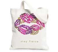 Borsa tote in tela con motivo labbra da donna, grassetto, eccentrica, leopardo, bacio, nessuna pesca, lavabile, riutilizzabile, piccola borsa tote idea per viaggi, lavoro, shopping, libreria, 33 x 38