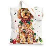 Borsa tote in tela con motivo natalizio con cane scarabocchio dorato per lo shopping, 33 x 38 cm, divertente borsa della spesa riutilizzabile per donne, lavoro e viaggi, decorazione regalo