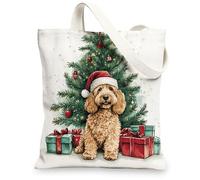 Borsa tote in tela con motivo natalizio con cane scarabocchio dorato per lo shopping, 33 x 38 cm, regalo per albero di Natale, borsa della spesa riutilizzabile per donne, lavoro per animali domestici