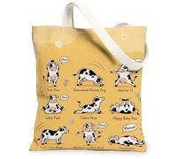 Borsa tote in tela con mucca, da donna, allegra e fantasiosa posa floreale, colore giallo, lavabile, riutilizzabile, idea per familiari, amici, colleghi, lettura di amori, 33 x 38 cm