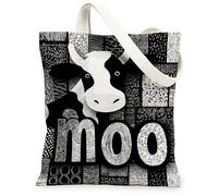 Borsa tote in tela con mucca, da donna, con motivi allegri e fantasiosi moo, nessuna nera, lavabile, riutilizzabile, idea per viaggi, attività all'aperto, giornata lavorativa, lettura, 33 x 38 cm