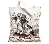 Borsa tote in tela con mucca, da donna, fantasiosa, carina, cappello da caffè, nessuna nera, lavabile, riutilizzabile, idea per familiari, amici, colleghi, lettura di amori, 33 x 38 cm