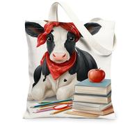 Borsa tote in tela con mucca, da donna, fantasiosa, giocosa e giocosa, bandana rossa, senza frutta, nera, lavabile, riutilizzabile, idea per familiari, amici, colleghi, lettura di amori, 33 x 38 cm