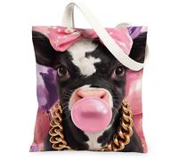 Borsa tote in tela con mucca, da donna, giocosa fantasiosa con fiocco senza bolle, lavabile, riutilizzabile, piccola, idea per viaggi, lavoro, shopping, libreria, 33 x 38 cm