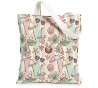 Borsa tote in tela con ombrello, da donna, motivo tropicale con barca a vela e stella marina estiva pastello, lavabile, riutilizzabile, con grafica, idea, Pastello., 13x15 Inch