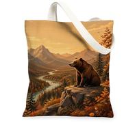 Borsa tote in tela con orso, borsa a secchiello marrone con montagne rustiche e fiume autunnale, 33 x 38 cm, Marrone, 13x15 Inch