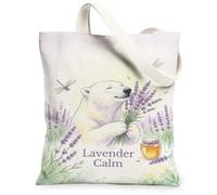 Borsa tote in tela con orso per donne, Calm Nature, lavanda, miele, lavanda, primavera, lavabile, riutilizzabile, idea per viaggi, lavoro, shopping, libreria, 33 x 38 cm