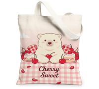 Borsa tote in tela con orso per donne, dolce giocosa ciliegie torta estiva pesca lavabile riutilizzabile grafica tote bag per lo shopping Br, Pesca, 13x15 Inch