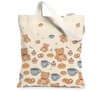 Borsa tote in tela con orso per donne, giocoso carino cupcake caffè nessuno beige lavabile riutilizzabile grafica tote bag idee per viaggi, lavoro, shopping libreria, 33 x 38 cm
