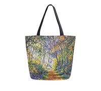 Borsa tote in tela con paesaggio soleggiato e sentiero nel bosco, borsa a tracolla casual da donna, grande borsa della spesa riutilizzabile