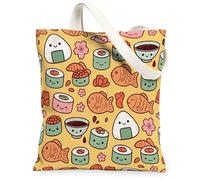 Borsa tote in tela con palline di riso, da donna, giocosa e carina, con sushi e pesce primaverile, lavabile, riutilizzabile, idea per viaggi, attività all'aperto, giornata lavorativa, lettura, 33 x 38