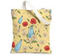Borsa tote in tela con papavero per donne, bottiglia di crisantemo floreale primaverile giallo lavabile riutilizzabile borse della spesa idee per, Giallo, 13x15 Inch
