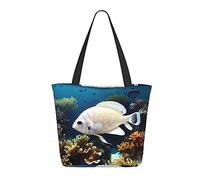 Borsa tote in tela con pesci bianchi e dorati, borsa tote con cerniera e tasca interna da spalla, per lo shopping da donna, Nero , Taglia unica