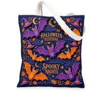 Borsa tote in tela con pipistrelli, cappello da strega luna, per Halloween, viola, borsa per tutti i giorni, 33 x 38 cm, Viola, 13x15 Inch