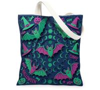 Borsa tote in tela con pipistrello, allegra e festosa, cappello da strega, zucche, Halloween, viola, borsa tote per tutti i giorni, 33 x 38 cm