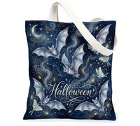 Borsa tote in tela con pipistrello, fantasiosa luna crescente e stelle, blu, per tutti i giorni, 33 x 38 cm, Blu, 13x15 Inch