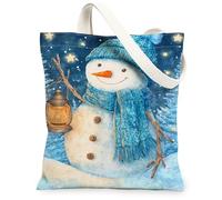 Borsa tote in tela con pupazzo di neve, design con lanterna per le vacanze, riutilizzabile, vintage, leggera, lavabile, tracolla in tela per viaggi, all'aperto, spiaggia, picnic, 33 x 38 cm