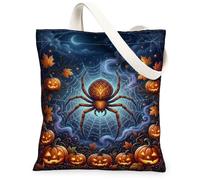 Borsa tote in tela con ragno incandescente e Jack-o'-lantern, tema | Lanterne Jack-o'-incandescenti, ragnatela intricata, sfondo fogliame autunnale, atmosfera mistica, fascino autunnale