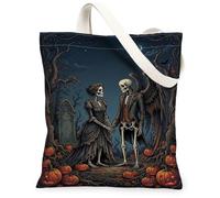 Borsa tote in tela con scheletri gotici e romantici, 33 x 38 cm | Scheletri vittoriani, romanticismo gotico, scenario del cimitero, toppa di zucche, estetica autunnale