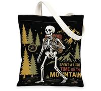 Borsa tote in tela con scheletro, avventura, fantasiosa montagna, alberi autunnali, nera, per tutti i giorni, 33 x 38 cm