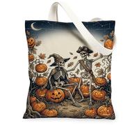 Borsa tote in tela con scheletro, da donna, fantasiosa vintage, cappello con zucche, Halloween, arancione, piccola borsa tote idea per familiari, amici, colleghi, lettura di amori, 33 x 38 cm