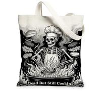 Borsa tote in tela con scheletro, gotico umoristico, cappello da chef, utensili da cucina, per Halloween, nero, 33 x 38 cm, nero, 13x15 Inch