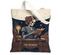 Borsa tote in tela con scheletro, gotico vintage, libro rosa, Halloween, blu scuro, per tutti i giorni, 33 x 38 cm, Blu scuro, 13x15 Inch