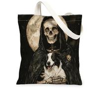 Borsa tote in tela con scheletro, per donne, Halloween, gotico, cane, luna, Halloween, nera, lavabile, riutilizzabile, estetica, per shopping, brunch, parco, biblioteca, gite di un giorno, 33 x 38 cm