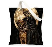 Borsa tote in tela con scheletro, per donne, Halloween, gotico, cane, luna, Halloween, nera, lavabile, riutilizzabile, idea per viaggi, attività all'aperto, giornata lavorativa, lettura, 33 x 38 cm