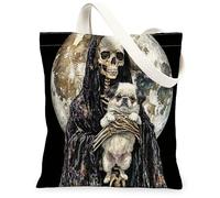 Borsa tote in tela con scheletro per donne, Halloween, gotico, luna, cane, Halloween, nera, lavabile, riutilizzabile, con grafica, idea per viaggi, attività all'aperto, giornata lavorativa, lettura