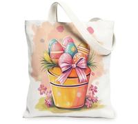 Borsa tote in tela con secchiello pasquale, per shopping, 33 x 38 cm, simpatiche uova di campagna, borsa riutilizzabile con stampa della spesa per donne, decorazione regalo per pittura estetica per