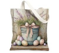Borsa tote in tela con secchiello pasquale, per shopping, 33 x 38 cm, uova rustiche di campagna, riutilizzabile, con stampa di generi alimentari, borsa per donne, fattoria, vacanza, spiaggia, pittura