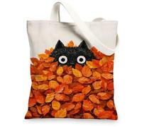 Borsa tote in tela con stampa di gatti, borsa per la spesa riutilizzabile con stampa di foglie di animale, borse a tracolla divertenti leggere lavabili per palestra, nero, 13x15 Inch