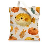 Borsa tote in tela con stampa di zucca, simpatica stampa di pesce palla e zucca, fantasiosa borsa leggera lavabile in tela per viaggi spiaggia 33 x 38 cm