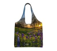 Borsa tote in tela con stampa primaverile con prato di lavanda al tramonto per le donne borsa della spesa riutilizzabile grande borsa da palestra in tela borsa per la spesa portatile