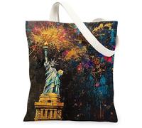 Borsa tote in tela con statua per donne, Urban Modern Fireworks Stars 4 luglio oro lavabile riutilizzabile piccole borse tote idee, Oro, 13x15 Inch