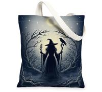 Borsa tote in tela con strega, gotico mistico corvo albero di Halloween, nera, piccola borsa tote 33 x 38 cm, nero, 13x15 Inch