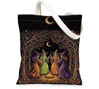 Borsa tote in tela con streghe, mistica artistica con luna e fuoco, per Halloween, nera, per tutti i giorni, 33 x 38 cm, nero, 13x15 Inch
