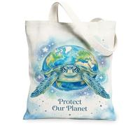 Borsa tote in tela con tartaruga, da donna, artistica, ambientale, con stelle della terra, blu, lavabile, riutilizzabile, piccola borsa tote idea per viaggi all'aperto, giornata lavorativa, lettura
