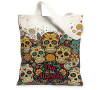 Borsa tote in tela con teschi di zucchero, per Halloween, festivi, calendula, cuori, Halloween, giallo, lavabile, riutilizzabile, idea per familiari, amici, colleghi, lettura di amori, 33 x 38 cm