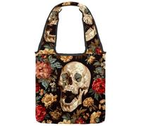 Borsa tote in tela con teschi estetici con motivo floreale colorato, borsa media per libri, riutilizzabile, per donne, insegnanti, infermiere, Multicolore 01, 14.1x14.9in/36x38cm