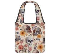 Borsa tote in tela con teschi estetici con motivo floreale colorato, borsa media per libri, riutilizzabile, per donne, insegnanti, infermiere, Multicolore 08, 14.1x14.9in/36x38cm