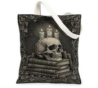 Borsa tote in tela con teschio gotico e libri, 33 x 38 cm | Arte gotica, gotico accademico, libri antichi, bordo ornato della vite, illustrazione Moody